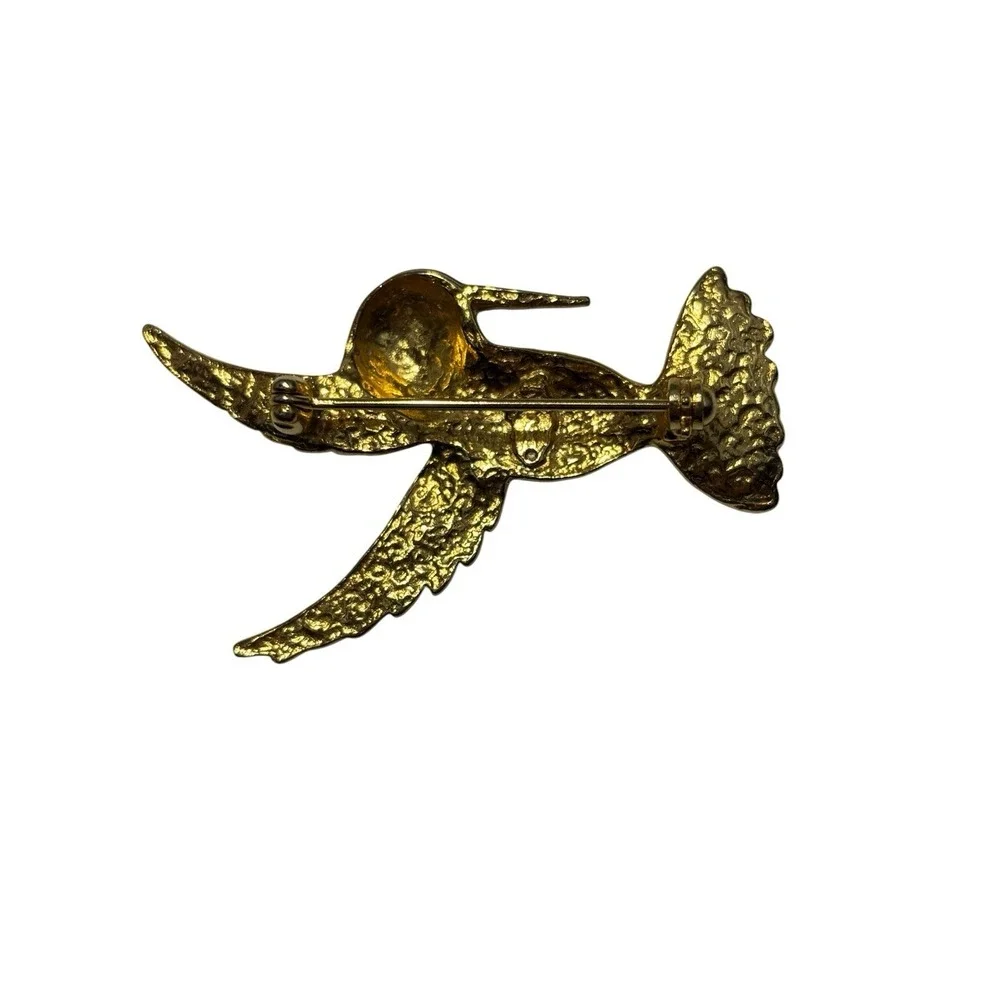 Vintage Covani Gold Tone Black Enamel Rhinestone Flying Hummingbird Brooch Pin